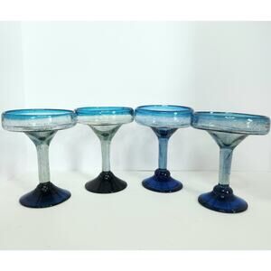 Set 4 Handblown Blue Glass Margarita Goblets Mexico Bubble Rim Vintage Barware